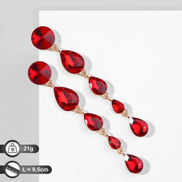 Серьги висячие со стразами Драгоценность капли, цвет красный в золоте, 9,5см