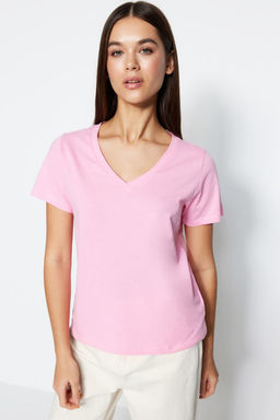 Pembe-Mint %100 Pamuk 2li Paket Basic V Yaka Orme T-Shirt TWOSS23TS00002