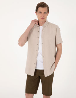 Bej Mikro Desenli %100 Pamuk Comfort Fit Rahat G_mlek