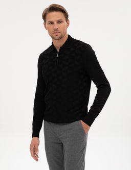 Siyah Slim Fit Polo Yaka Fermuarl_ Triko Kazak