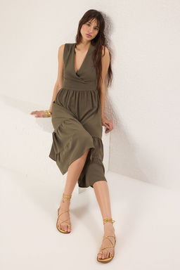 Haki Duz Etegi Belden Ac?lan Kruvaze Midi Dokuma Elbise TWOSS25EL00201 - Trendyolmilla фото 2