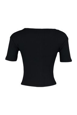 Siyah Cut Out Detayl? Fitted/Vucuda Oturan Bisiket Yaka Crop Fitilli Esnek Orme Bluz TWOSS22BZ0355