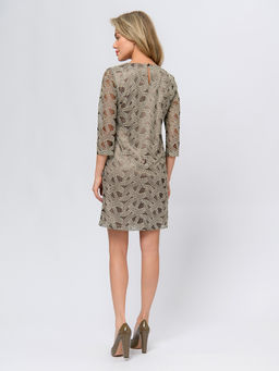 Платье бежевого цвета длины мини с золотой вышивкой и рукавами 3/4 - 1001dress фото 4