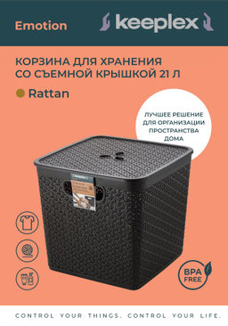 Корзина для хранения "Keepliex Rattan". 21л со съемной кр. квадратная арт KL1305