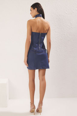 Trendyolmilla Indigo Boyundan Baglamal? Kemerli Bodycone/Vucuda Oturan Mini Orme Elbise TWOSS25EL00683
