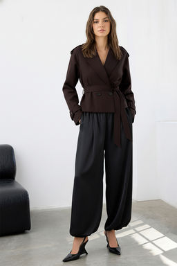 Koyu Kahverengi Premium Dokuma Crop Blazer Ceket TWOSS24BC00010