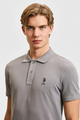 Erkek Slim Fit Polo Yaka Gri Basic Ti__rt
