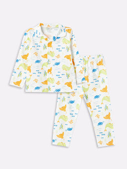 Polo Yaka Uzun Kollu Bask?l? Erkek Bebek Pijama Tak?m