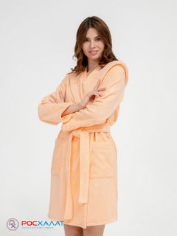Махровый женский укороченный халат с капюшоном Персиковый МЗ-01 (32)