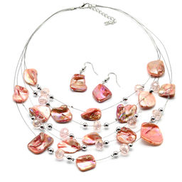 Колье и Серьги 5 нитей из перламутра и циркона, цв.рыжий, 45см