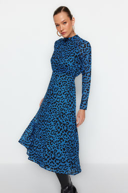 TRENDYOLMILLA Mavi Midi Leopar Desenli Dokuma K?sl?k Elbise TWOAW24EL00302  фото 3