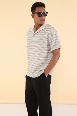 TRENDYOL MAN Unisex Mavi Oversize/Genis Kesim Cizgili Polo Yaka T-shirt TMNSS25PO00012 - Trendyolmilla фото 3