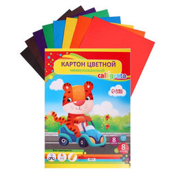 Картон цветной А3, 8 листов, 8 цветов Тигр, немелованный 220 г/м2, в папке