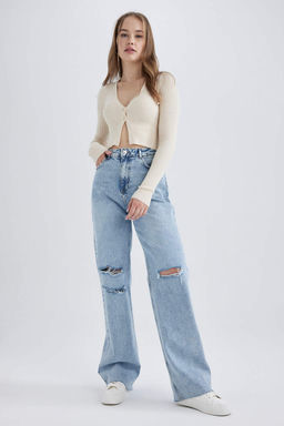 Крутой трикотажный кардиган стандартного кроя с V-образным вырезом - Defacto фото 2