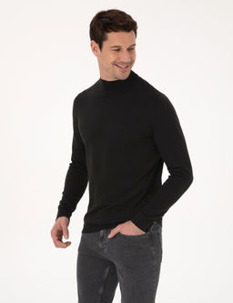 Siyah Slim Fit Pamuk Kar___ml_ Yar_m Bal_k__ Yaka Basic Triko Kazak