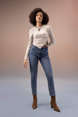 Асимметричная футболка с длинным рукавом и круглым вырезом в рубчик - Defacto фото 2