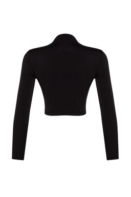 Siyah Dik Yaka Drapeli Crop Bluz TWOAW24BZ00164