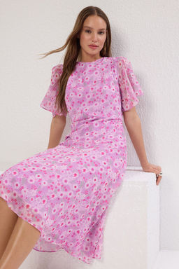 Lila Cicek Desenli A Kesim Astarl? Midi Dokuma Elbise TWOSS20EL0908