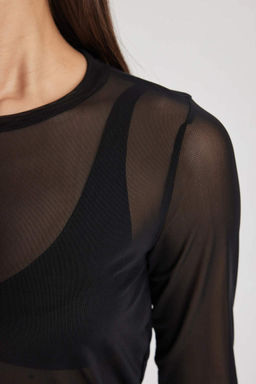 Тюлевая футболка стандартного кроя с круглым вырезом и длинными рукавами - Defacto фото 5