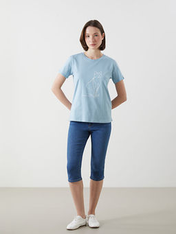 Bisiklet Yaka Bask?l? Penye Kad?n Ti??rt