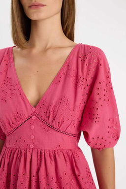 Мини-платье Babydoll с вырезом в форме сердца и короткими рукавами из вуали - Defacto фото 4