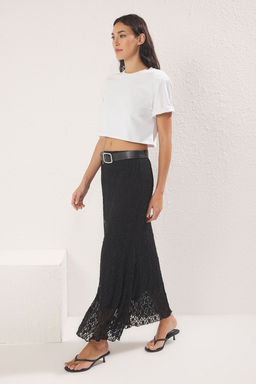 Siyah A Line Astarl? Dantel Maxi Esnek Orme Etek TWOSS25ET00149