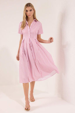 Pembe Cizgili Etegi Belden Ac?lan Dugmeli Midi Dokuma Elbise TWOSS25EL00187