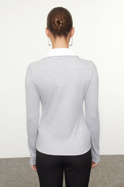 Trendyolmilla Siyah Dokuma Detayl? Gomlek Yaka Regular/Normal Kal?p Orme Bluz TWOAW25BZ00035  фото 5