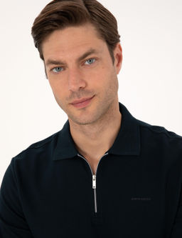 Lacivert Slim Fit K_vr_lmaz Fermuarl_ Polo Yaka Basic Pike Sweatshirt