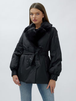 Полупальто зимнее женское с норкой люкс класса черного цвета 8632Ch