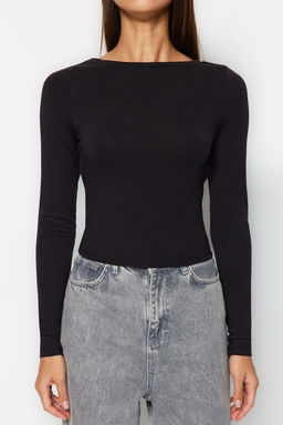 Trendyolmilla Saks Derin S?rt Dekolteli Fitted/Vucuda Oturan Pamuklu Esnek Orme Bluz TWOAW24BZ00173