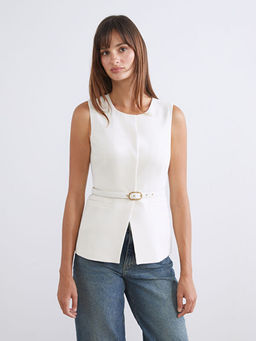 Bisiklet Yaka Beli Kemerli Kad?n Klasik Yelek