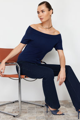 Lacivert Premium/Ozel Iplikli Carmen Yaka Triko Kazak TWOSS24KZ00010 - Trendyolmilla фото 2