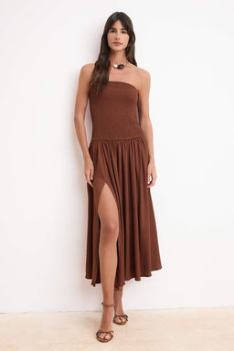 Kahverengi Belden Ac?lan Straplez Kolsuz Gipeli Dokulu Orme Elbise TWOSS26EL00607