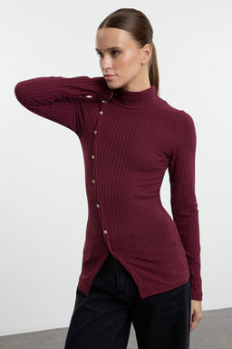 Bordo Fitted/Vucuda Oturan Dugme Detayl? Fitilli Esnek Orme Bluz TWOAW25BZ00224 - Trendyolmilla фото 2