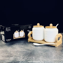 140-120 Набор из 2 банок 350мл для специй с ложками на подставке BAMBOO в под.уп.(х24)Фарфор - Lenardi фото 2