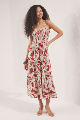 Trendyolmilla Kahverengi Cicekli Gipeli Maxi Dokuma Elbise TWOSS25EL00713 фото 2