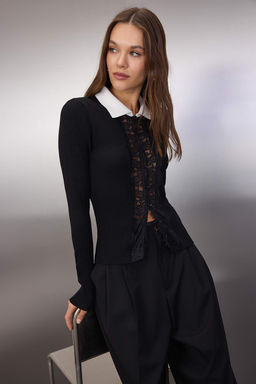 Siyah Gomlek Ve Tul Garnili Fitted/Vucudu Saran Triko H?rka TWOAW26HI00246 - Trendyolmilla фото 2