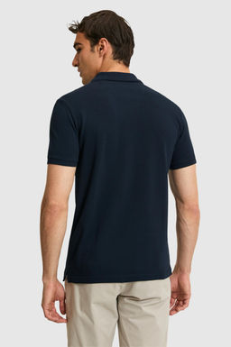 Erkek Slim Fit Polo Yaka Koyu Lacivert Basic Ti__rt