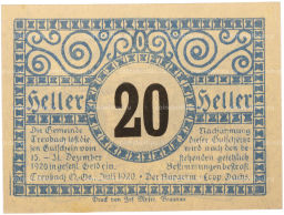 Банкнота 20 геллеров 1920 года Австрия община Треубах (Нотгельд)