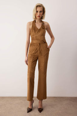 EXCLUSIVE Ozel Koleksiyon Kahverengi Flare Bootcut Suni Suet Pantolon TWOAW26PL00117