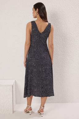 Lacivert Cicekli A Kesim Midi Dokuma Elbise TWOSS25EL00403