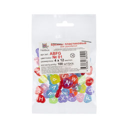 Бусина Hobbius пластик ABFG 4 х 12 мм 10 х 100 шт №01 прозрачные/цветные сердечки английский алфавит
