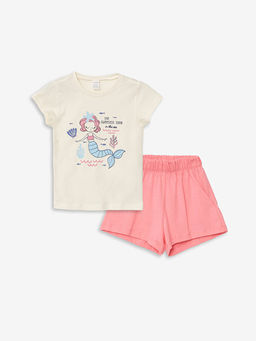 Bisiklet Yaka K?sa Kollu Bask?l? K?z Bebek ?ortlu Pijama Tak?m?