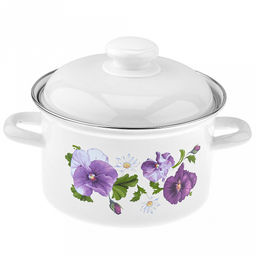 "Анютины глазки" Кастрюля эмалированная 2,0л, форма цилиндрическая, металлическая крышка с пластмассовой ручкой-кнопкой, нержавеющий ободок (Россия)