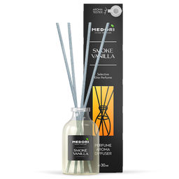 Ароматический диффузор 30мл Smoke vanilla 3,5х3,5х15см, настольный, стекло, палочки из микрофибры, парфюм, с пробником аромата, в коробке, Medori (Россия)