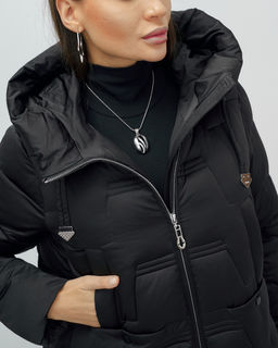 Пальто зимнее утепленное с капюшоном женское черного цвета 7638Ch - Visdeer фото 6