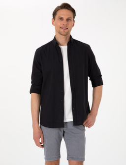 Siyah Keten G_r_n_ml_ Slim Fit Uzun Kollu G_mlek