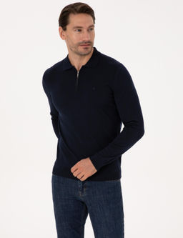 Lacivert Regular Fit Y_n Kar___ml_ Fermuarl_ Polo Yaka Basic Triko Kazak - Cacharel фото 3