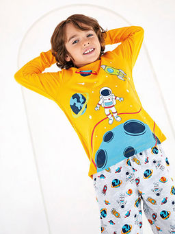 Bisiklet Yaka Bask?l? Uzun Kollu Erkek ?ocuk Pijama Tak?m?